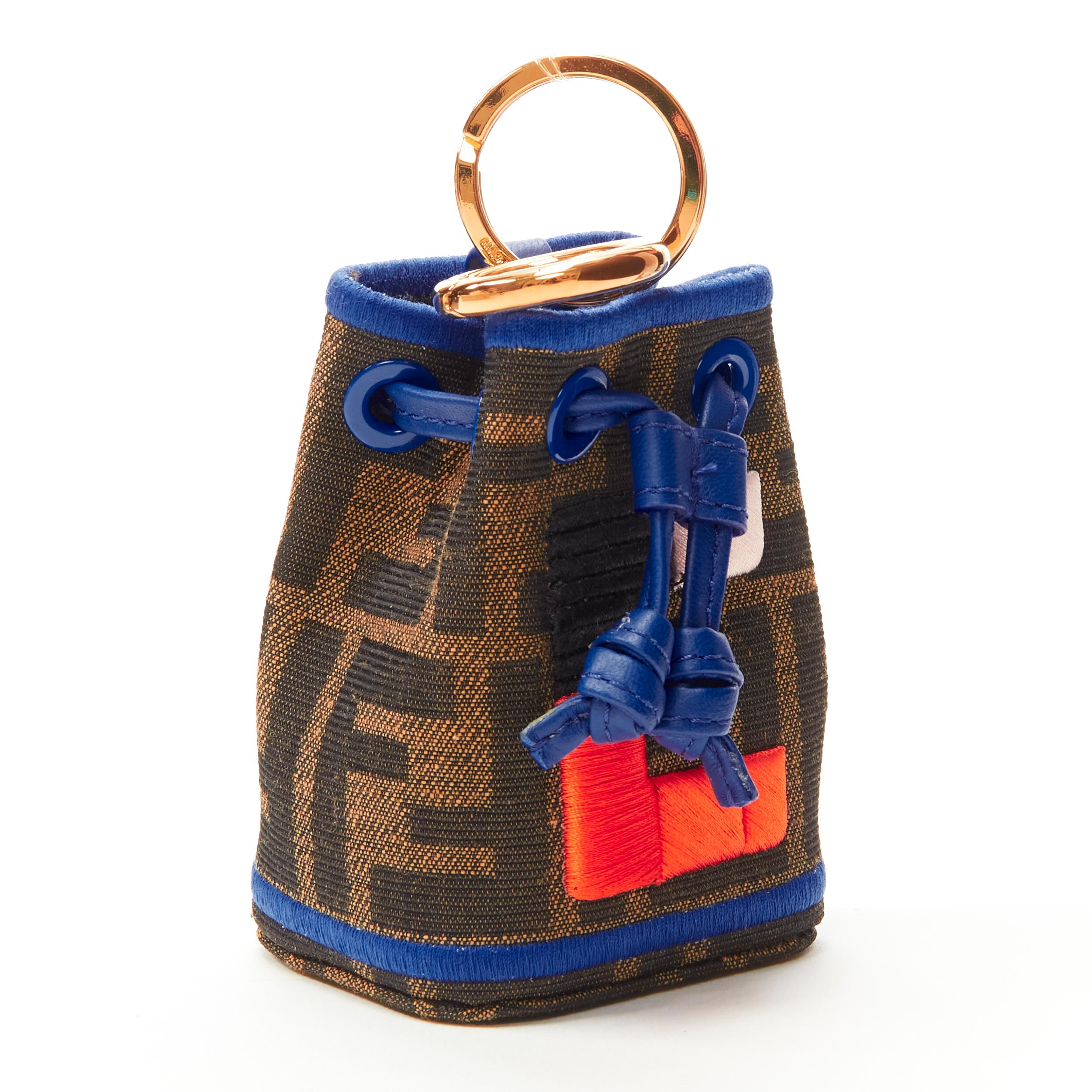 FENDI Mon Tresor Zucca monogram canvas E embroidery drawstring bag charm In Excellent Condition In Hong Kong, NT