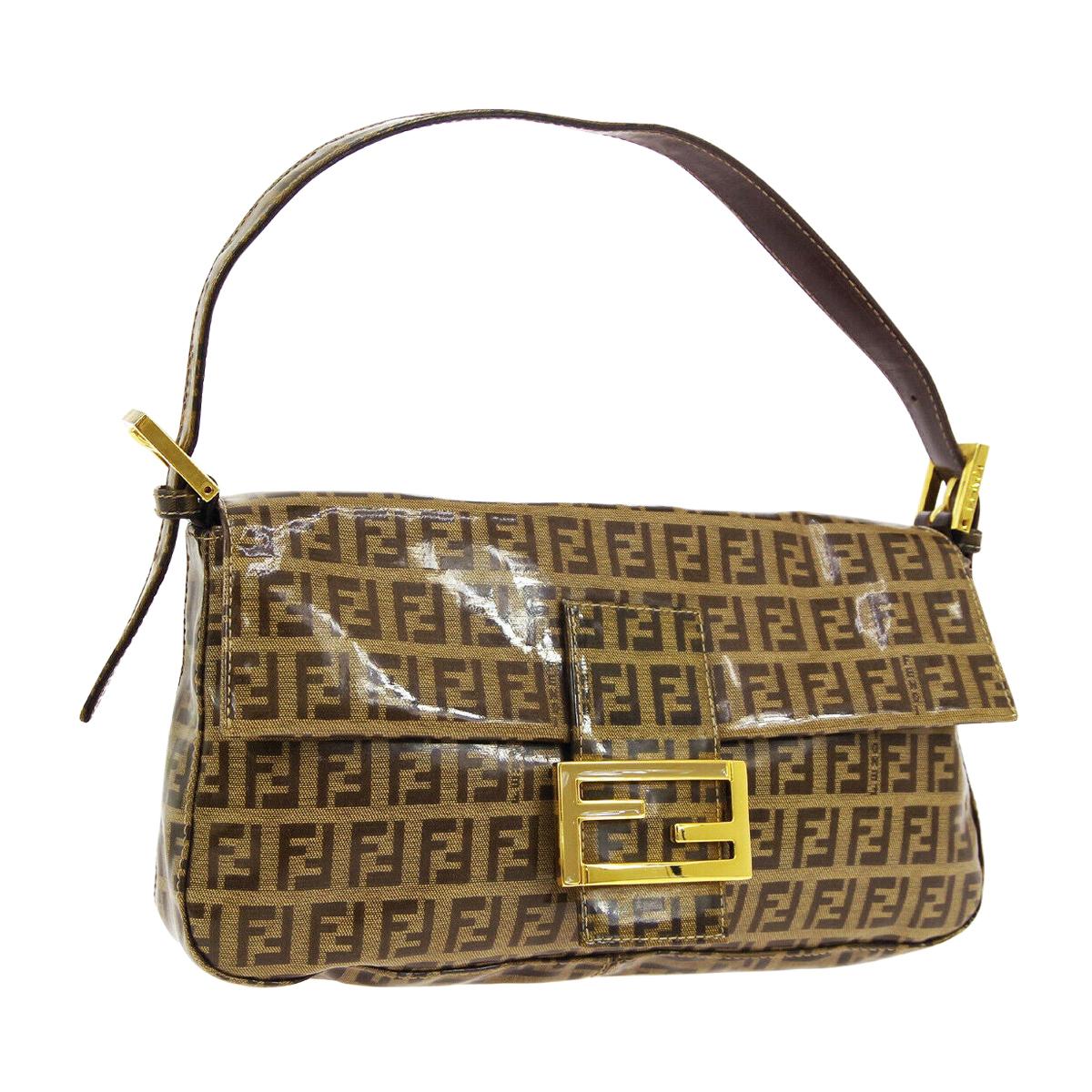Fendi Monogram Brown PVC Gold Logo Small Top Handle Shoulder Pochette Flap Bag
