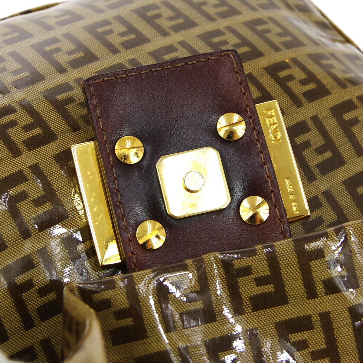 Women's Fendi Monogram Brown PVC Gold Logo Small Top Handle Shoulder Pochette Flap Bag I