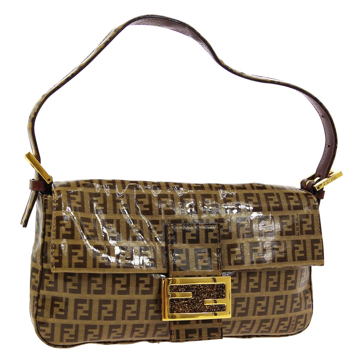 Fendi Monogram Brown PVC Gold Logo Small Top Handle Shoulder Pochette Flap Bag I