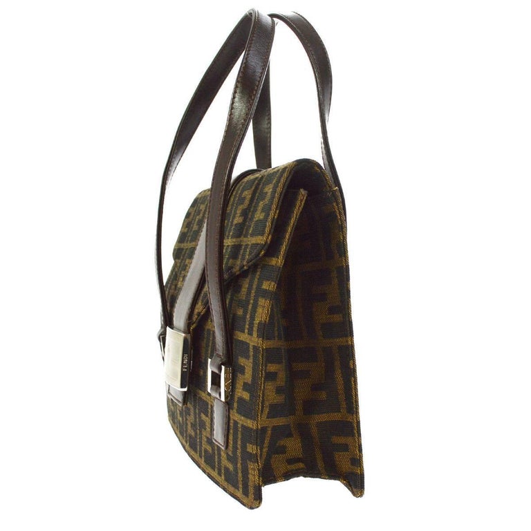 Fendi Monogram Canvas Logo Leather Buckle Kelly Style Top Handle Satchel Bag For Sale at 1stdibs