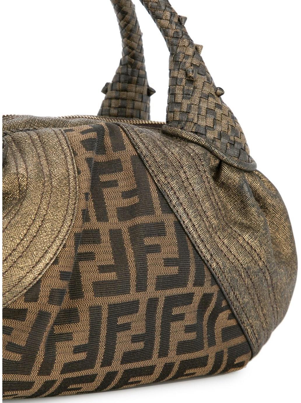 Fendi Monogram Fabric Brown Gold Leather Top Handle Satchel Small Mini Spy Bag In Excellent Condition For Sale In Chicago, IL