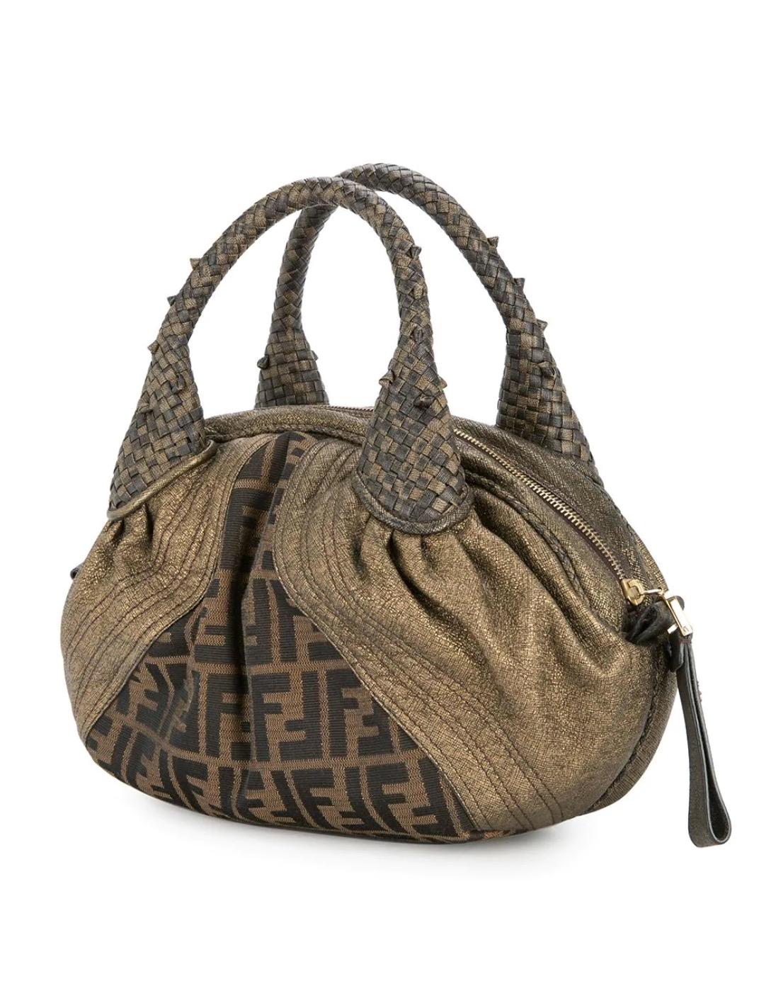 Women's Fendi Monogram Fabric Brown Gold Leather Top Handle Satchel Small Mini Spy Bag