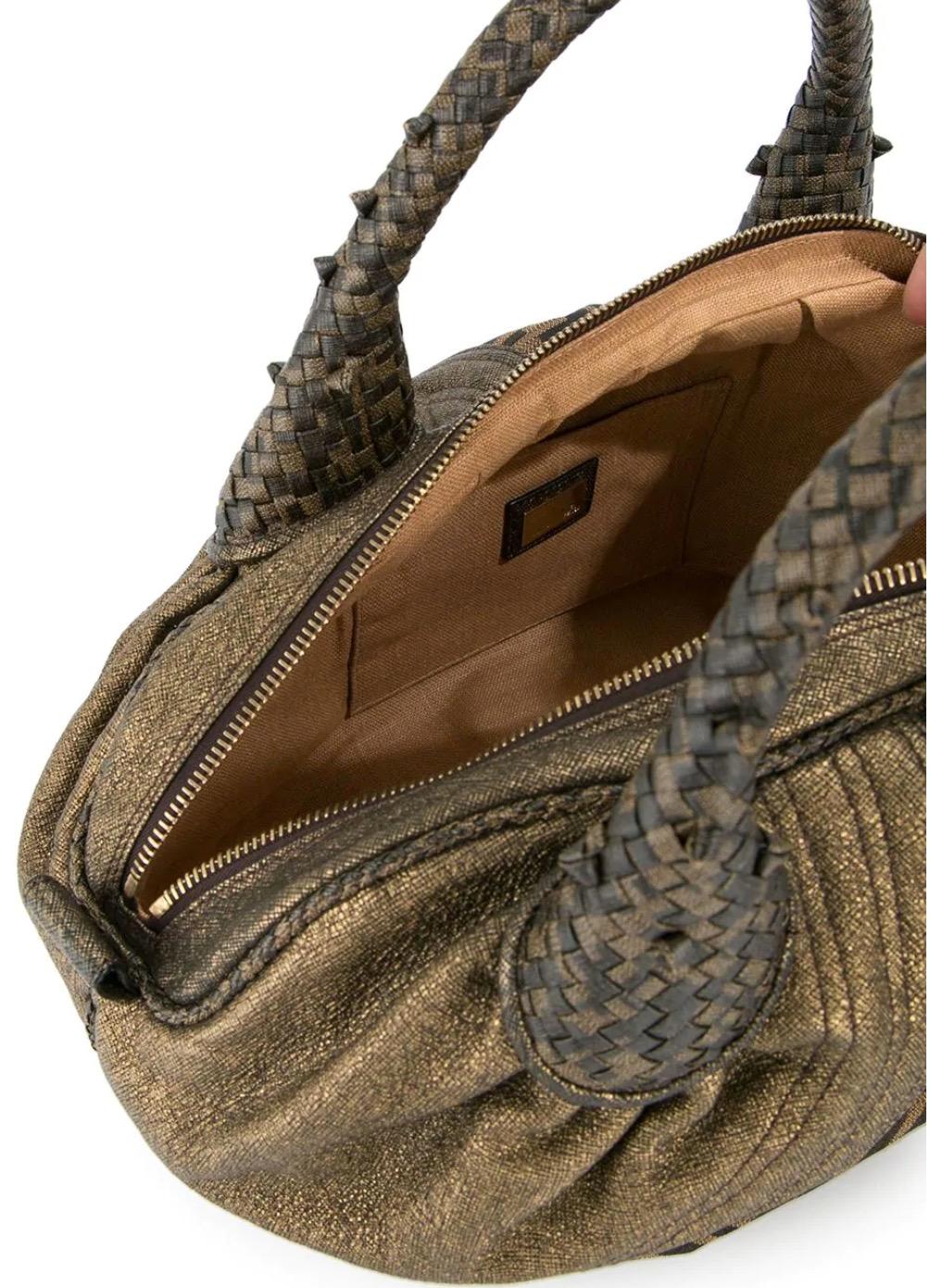 Women's Fendi Monogram Fabric Brown Gold Leather Top Handle Satchel Small Mini Spy Bag