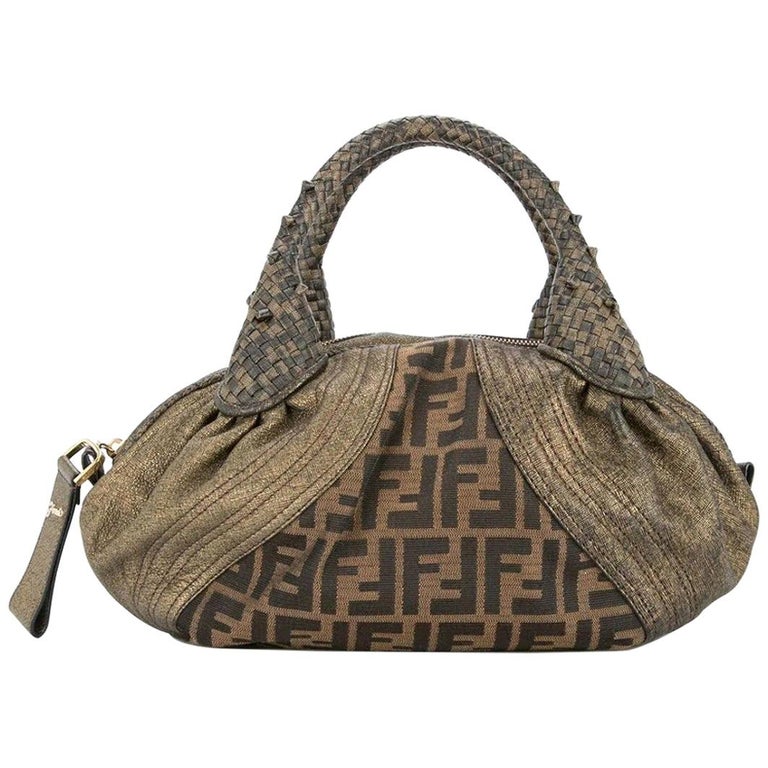Fendi Monogram Fabric Brown Gold Leather Top Handle Satchel Small Mini