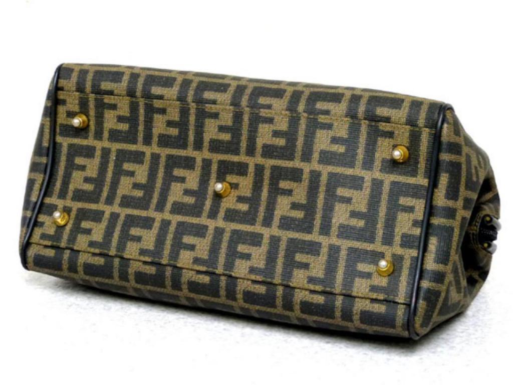 Fendi Monogram Zucca Ff Boston 228867 Brown Coated Canvas Satchel In Good Condition In Forest Hills, NY