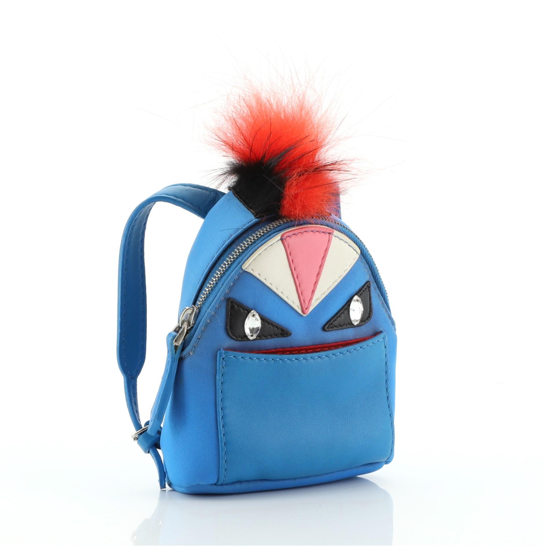 Fendi Monster Backpack Bag Charm Leather with Fur Micro Blue For