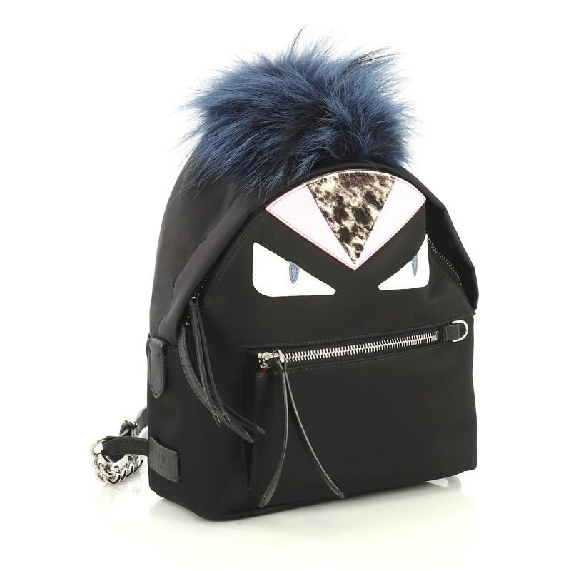 Black Fendi Monster Backpack Nylon with Leather and Fur Mini