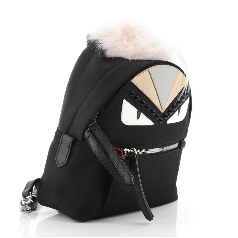 Fendi Monster Rucksack Nylon mit Leder und Fell Mini (Schwarz)