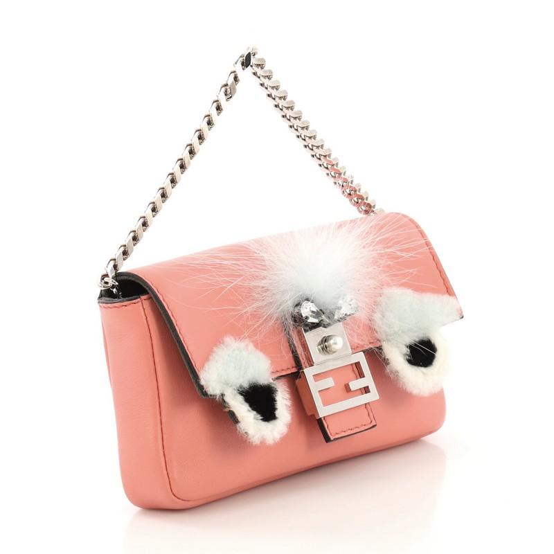 Beige Fendi Monster Baguette Leather and Fur Micro