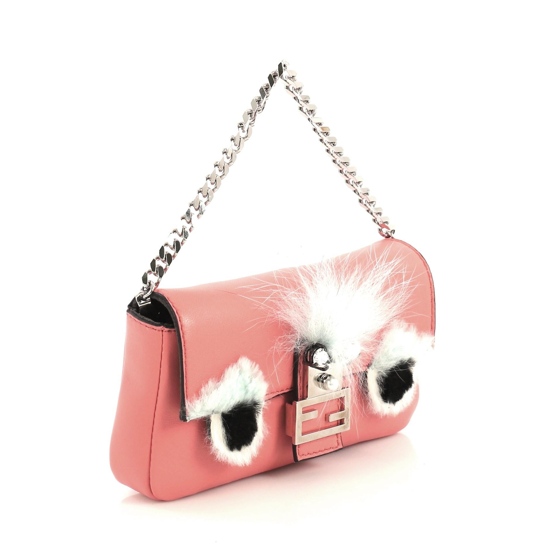 Pink Fendi Monster Baguette Leather and Fur Micro