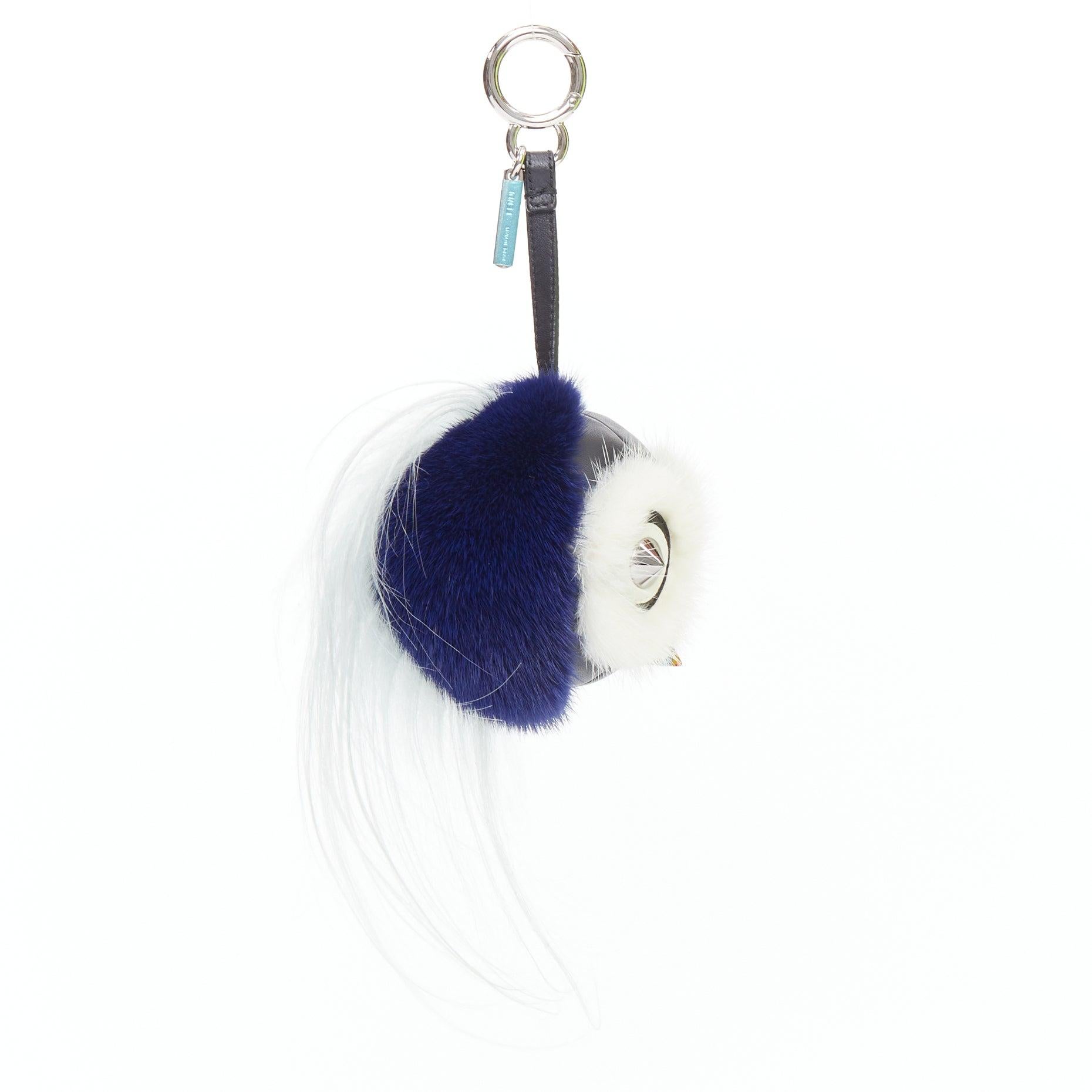 FENDI Monster Birgami Bird cream blue fur owl bag charm In New Condition For Sale In Hong Kong, NT