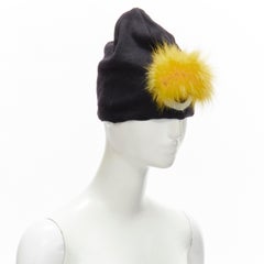 FENDI Monster Bug Eye  100% wool arctic fox fur trim black yellow beanie hat
