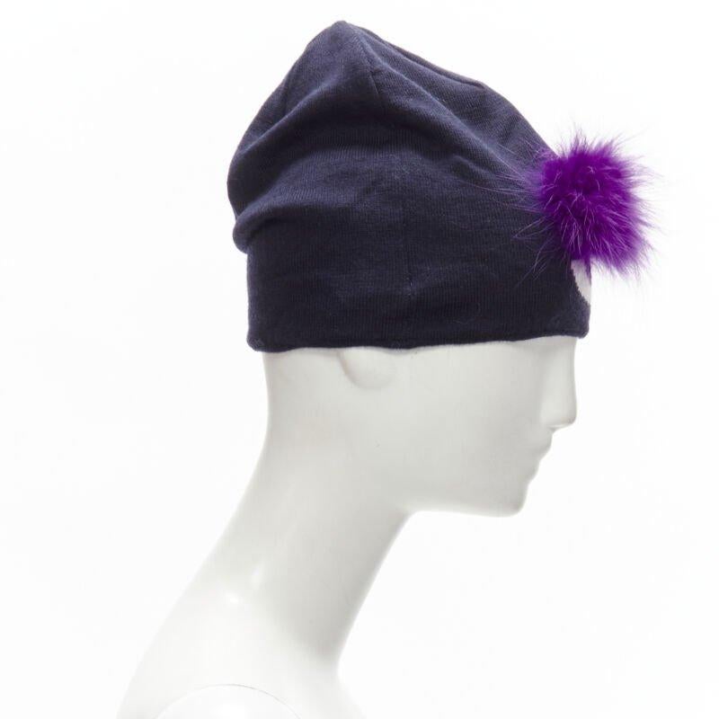 Purple FENDI Monster Bug Eye  100% wool arctic fox fur trim navy purple beanie hat For Sale