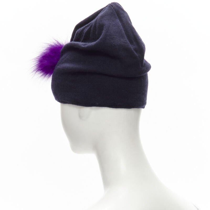 Women's FENDI Monster Bug Eye  100% wool arctic fox fur trim navy purple beanie hat For Sale