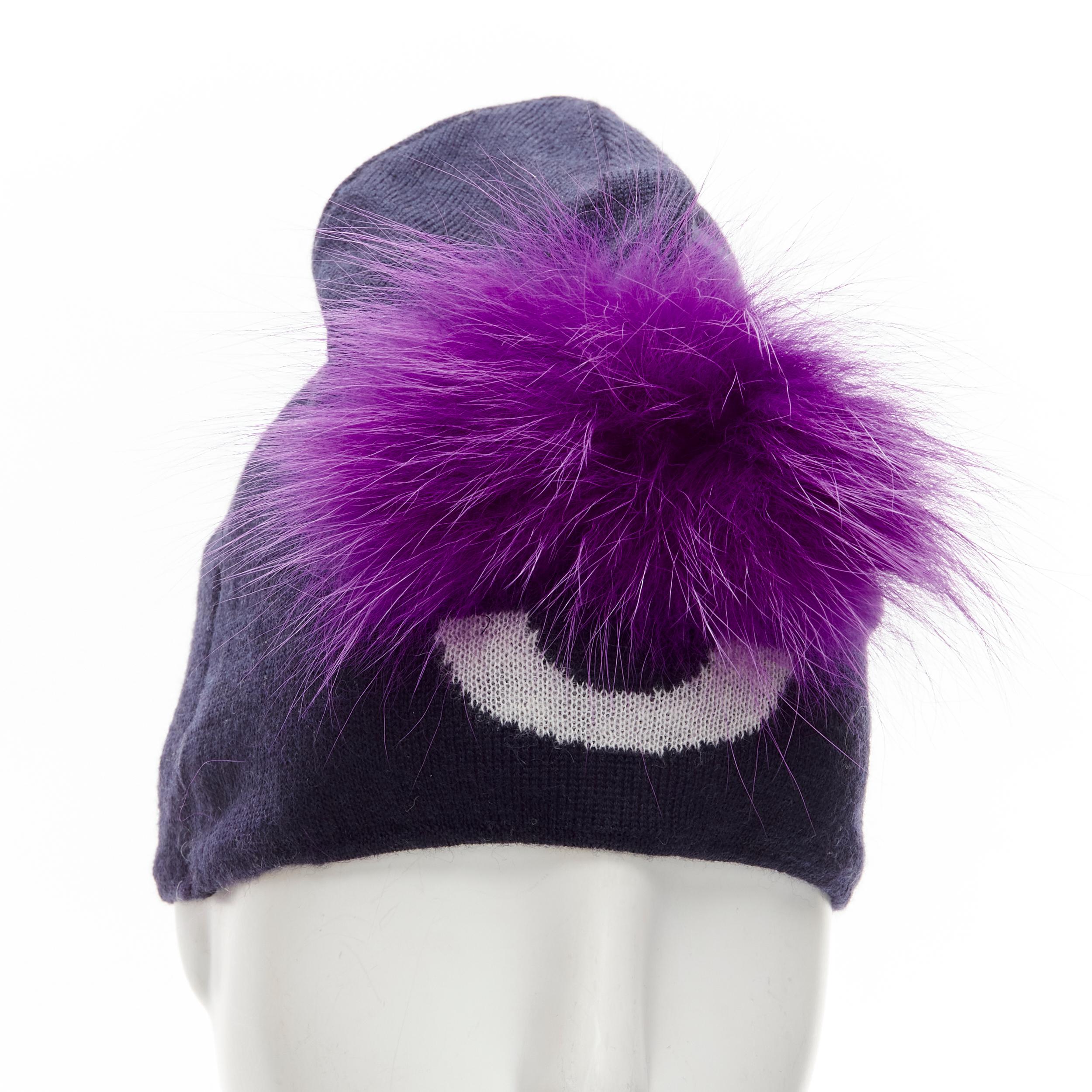 FENDI Monster Bug Eye  100% wool arctic fox fur trim navy purple beanie hat In Excellent Condition For Sale In Hong Kong, NT