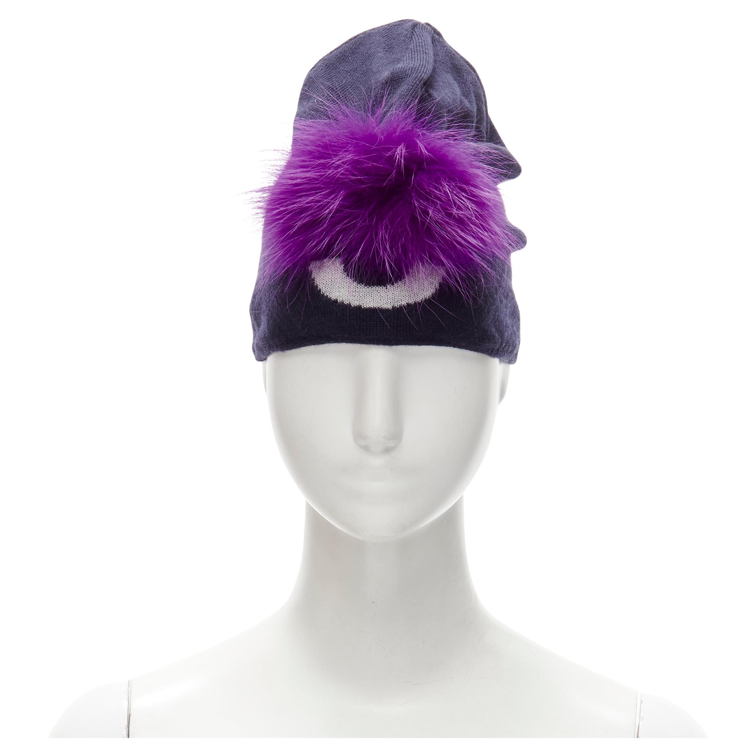 FENDI Monster Bug Eye  100% wool arctic fox fur trim navy purple beanie hat For Sale