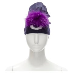 FENDI Monster Bug Eye  100% wool arctic fox fur trim navy purple beanie hat