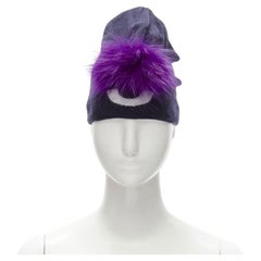 FENDI Monster Bug Eye  100% wool arctic fox fur trim navy purple beanie hat
