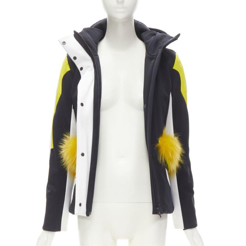 FENDI Monster Bug Eye black yellow fur trim ski jacket IT38 XS In Excellent Condition In Hong Kong, NT