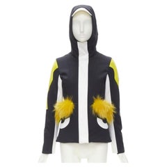 FENDI Monster Bug Eye black yellow fur trim ski jacket IT38 XS