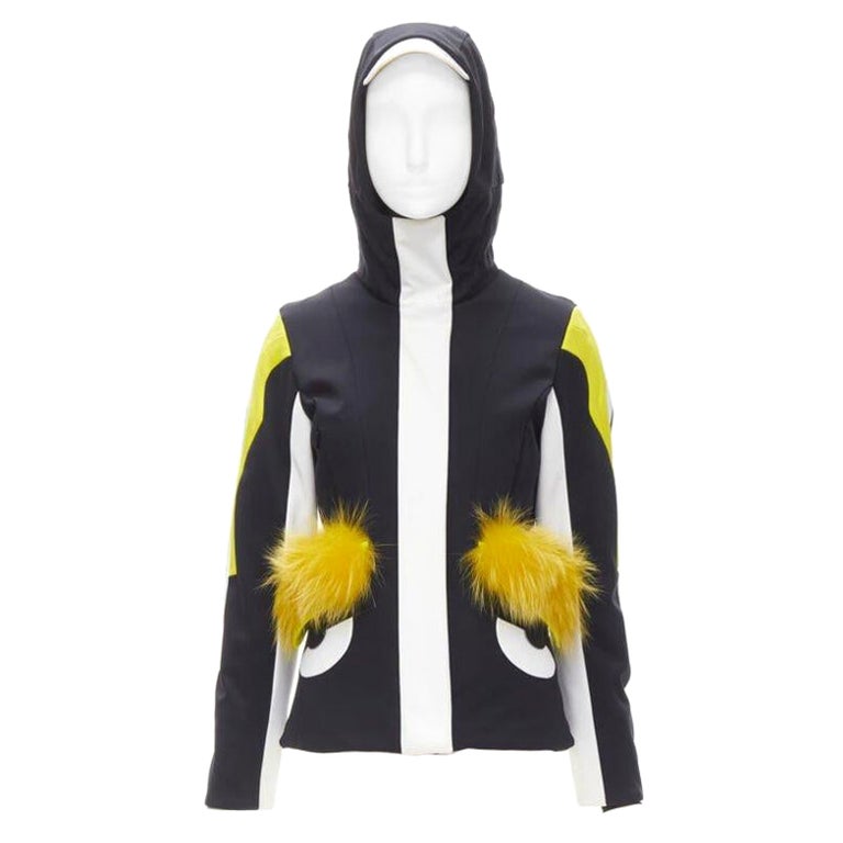 FENDI Monster Bug Eye Schwarz Gelbe Pelzbesatz-Skijacke IT38 XS im