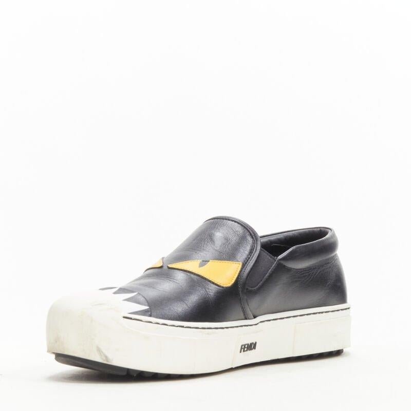 FENDI Monster Bug Eye black yellow leather slip on skate sneakers shoes EU36.5 In Good Condition For Sale In Hong Kong, NT