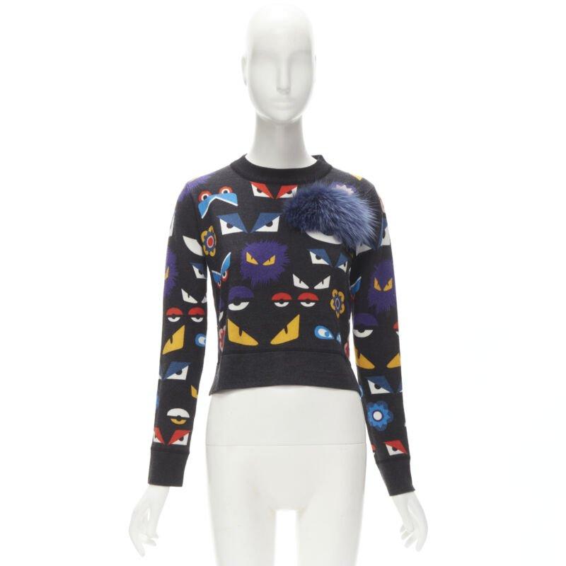 FENDI Monster Bug Eye blue fox fur trim dark grey cropped wool sweater S 5