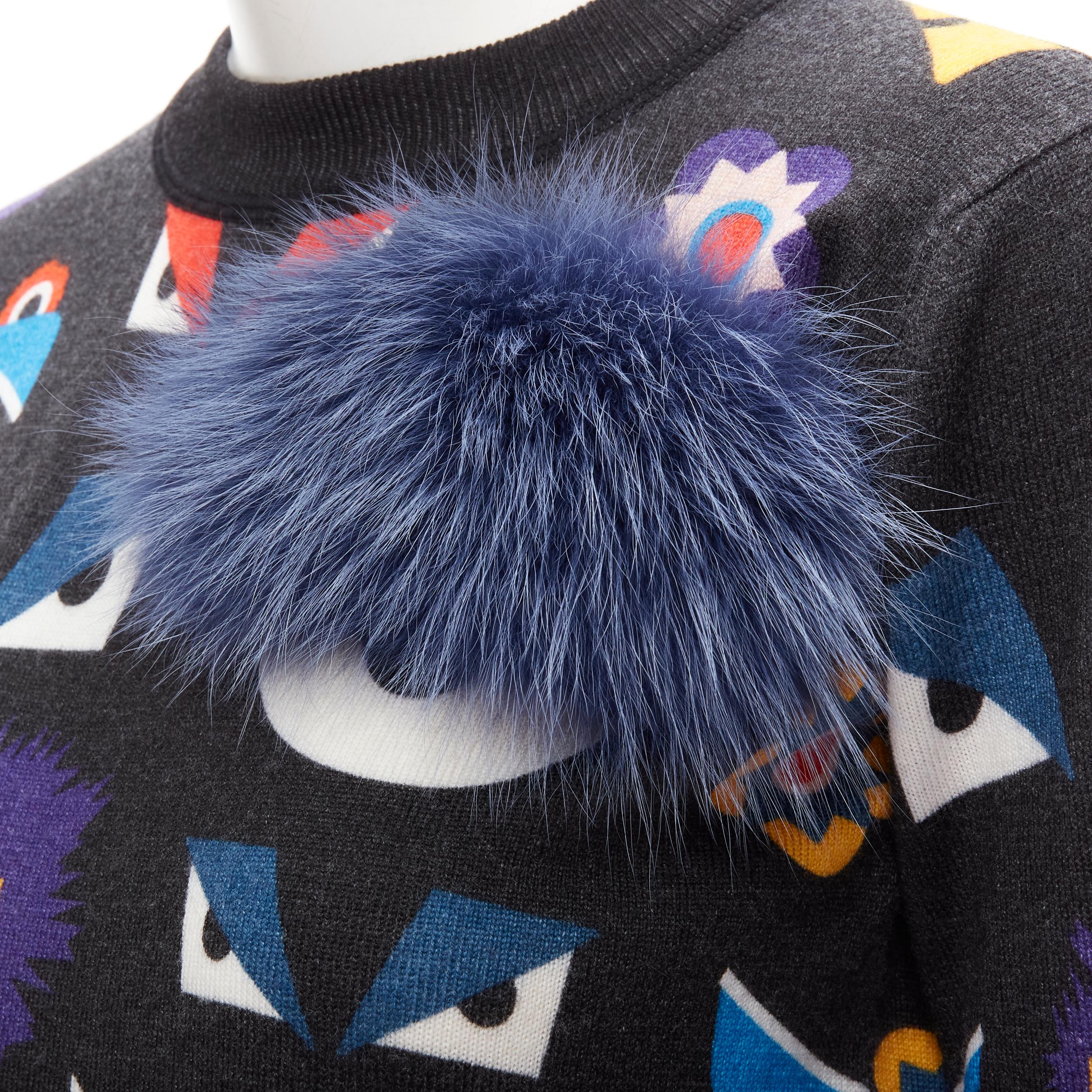 FENDI Monster Bug Eye blue fox fur trim dark grey cropped wool sweater S 
Reference: ANWU/A00468 
Brand: Fendi 
Collection: Monster Bug 
Material: Wool 
Color: Grey 
Extra Detail: Dark grey with Monster bug eye. Blue for fur trim at chest. 
Made in: