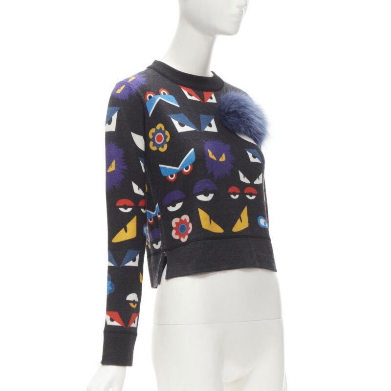 Gray FENDI Monster Bug Eye blue fox fur trim dark grey cropped wool sweater S