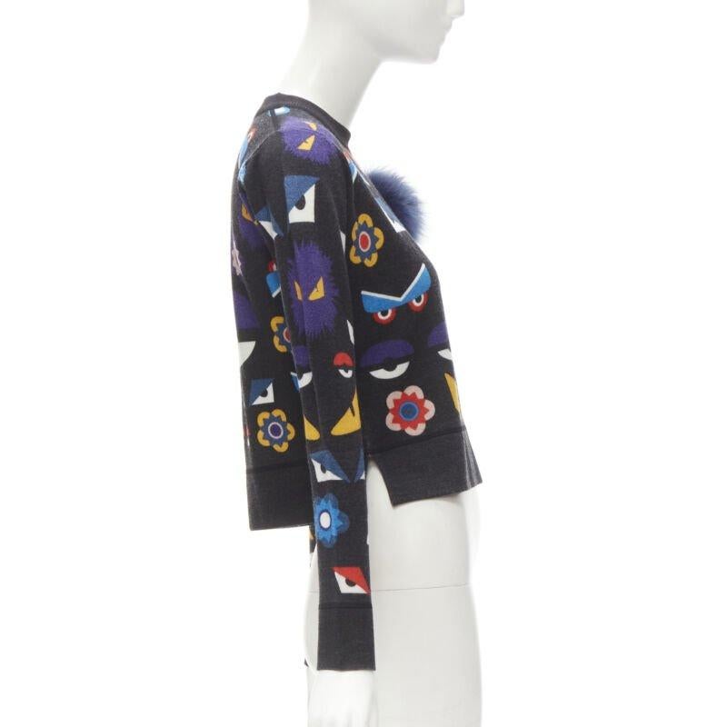 FENDI Monster Bug Eye blue fox fur trim dark grey cropped wool sweater S In Excellent Condition In Hong Kong, NT