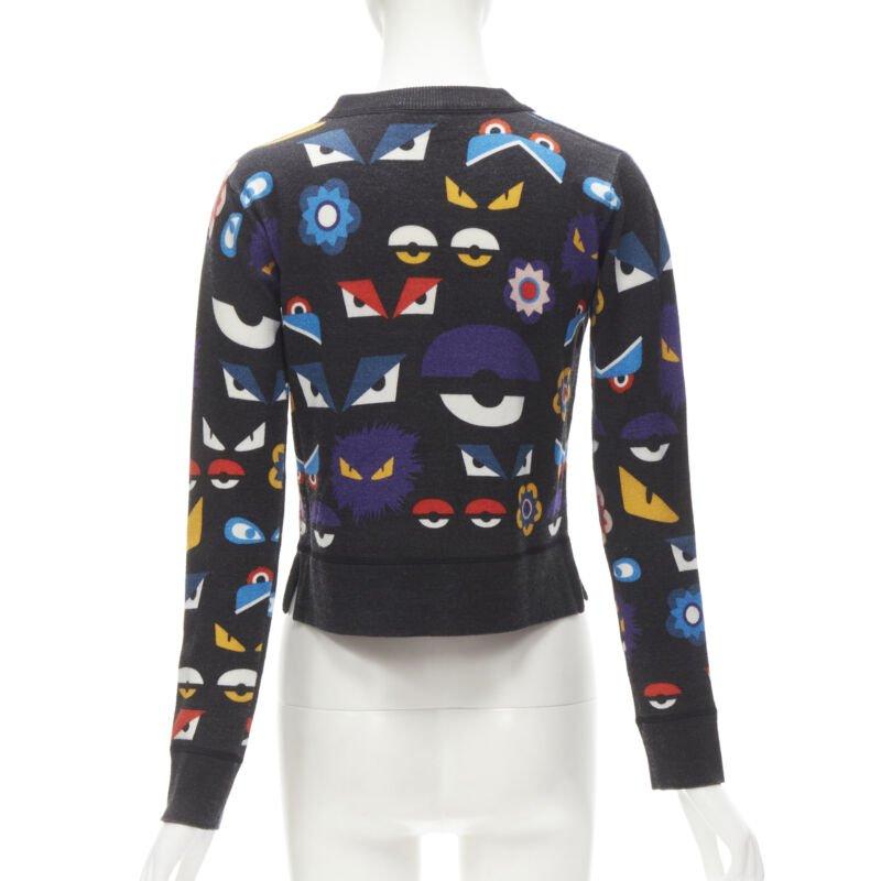 Women's FENDI Monster Bug Eye blue fox fur trim dark grey cropped wool sweater S