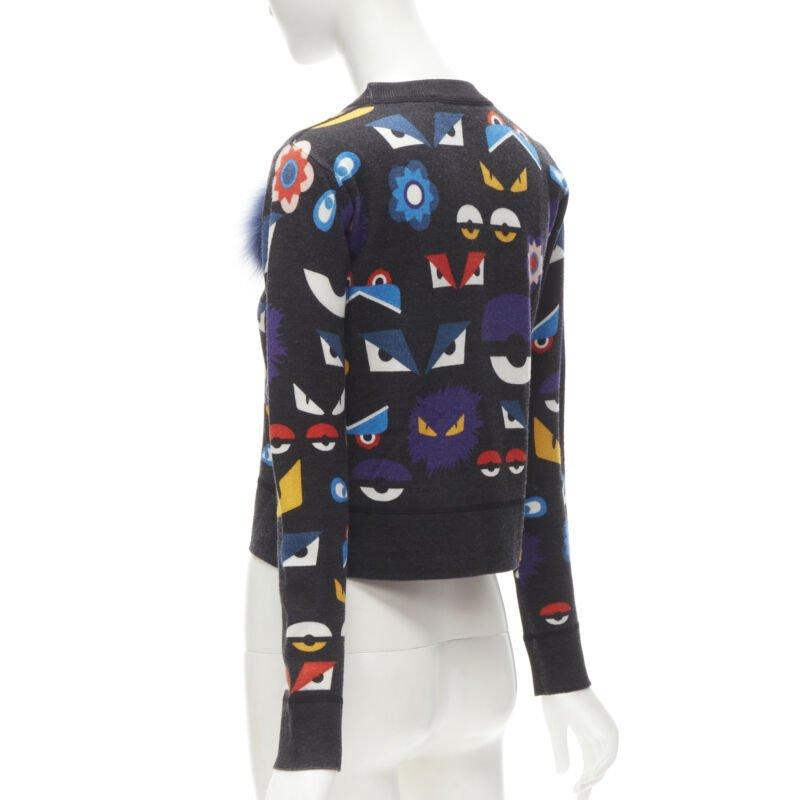 FENDI Monster Bug Eye blue fox fur trim dark grey cropped wool sweater S 1
