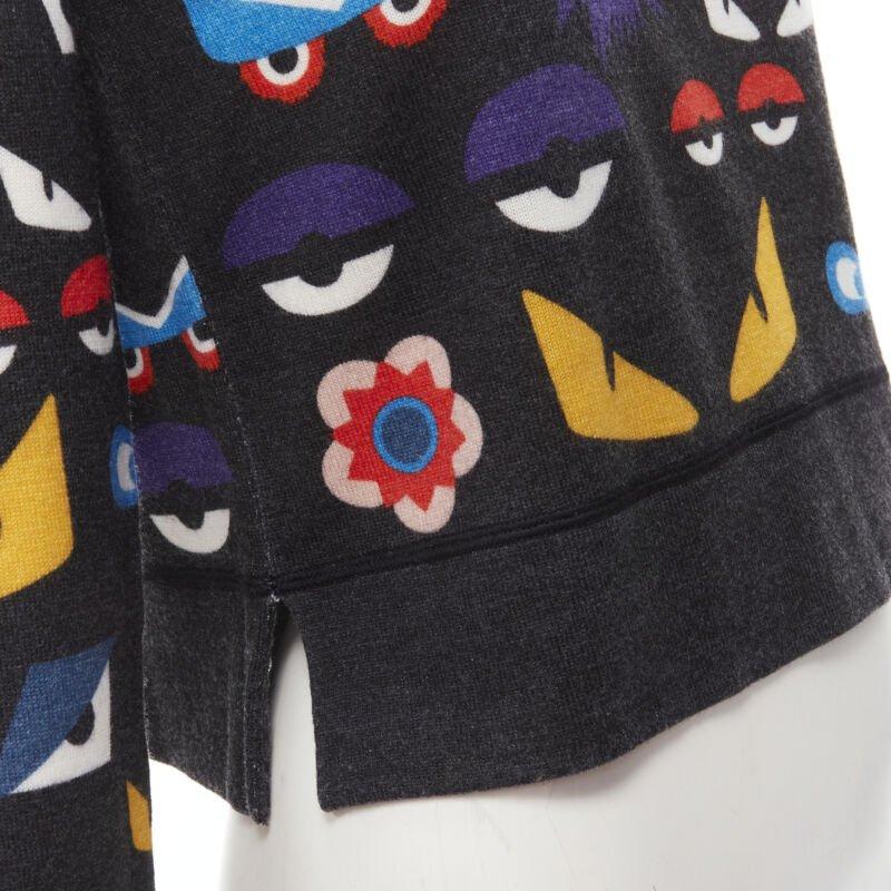 FENDI Monster Bug Eye blue fox fur trim dark grey cropped wool sweater S 2