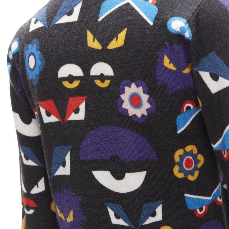 FENDI Monster Bug Eye blue fox fur trim dark grey cropped wool sweater S 3