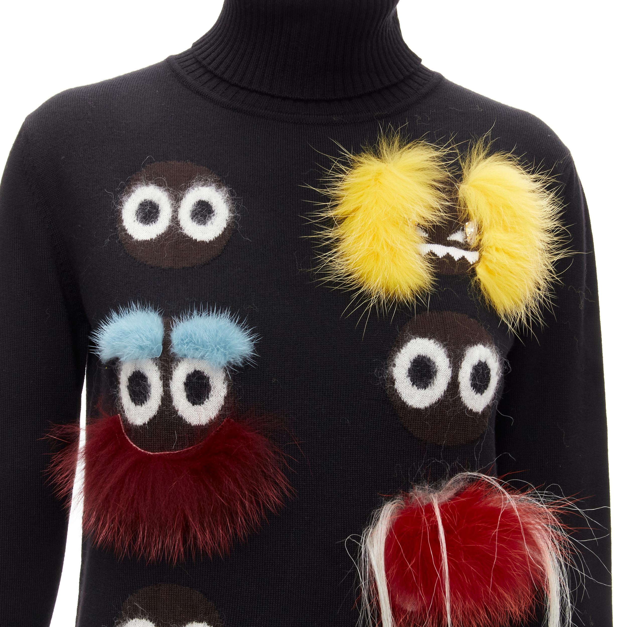 Women's FENDI Monster Bug Eye fur trimmed cartoon eyes black turtleneck sweater XS