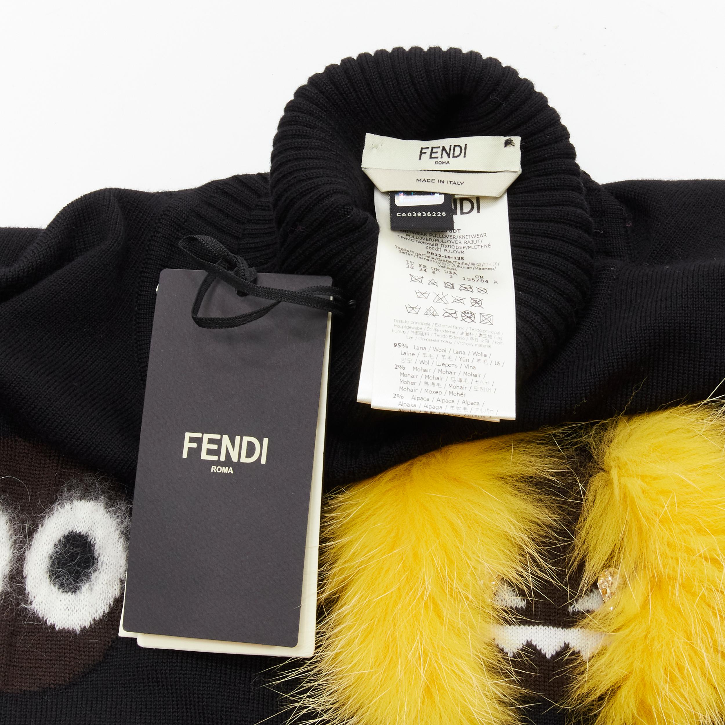 FENDI Monster Bug Eye fur trimmed cartoon eyes black turtleneck sweater XS 1