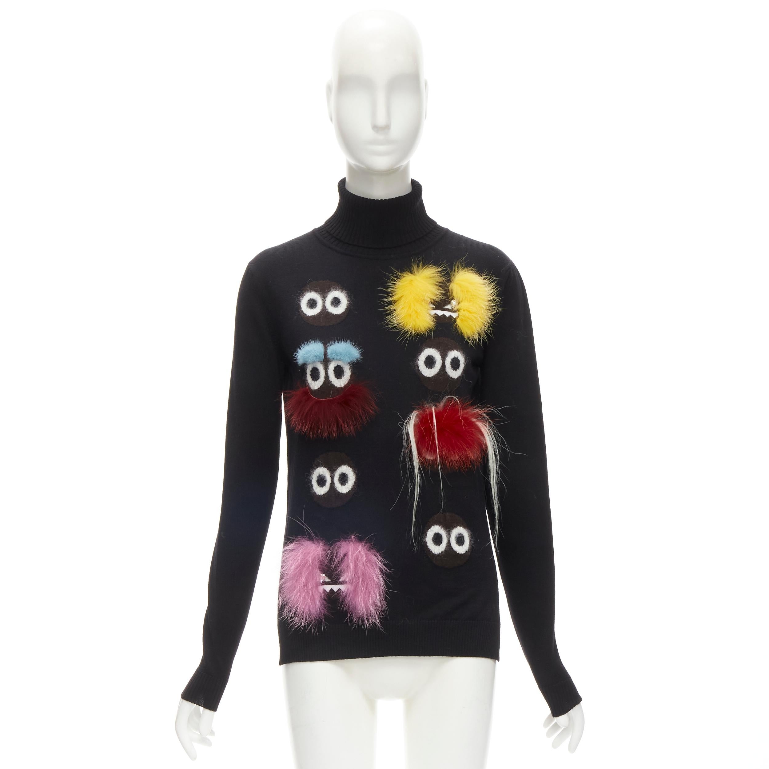 FENDI Monster Bug Eye fur trimmed cartoon eyes black turtleneck sweater XS 2