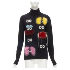 Pull à col roulé noir FENDI Monster Bug Eye en fourrure garni d'œils dessinés XS