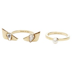 FENDI Monster Bug eye gold crystal pearl embellished rings US6.5 US4