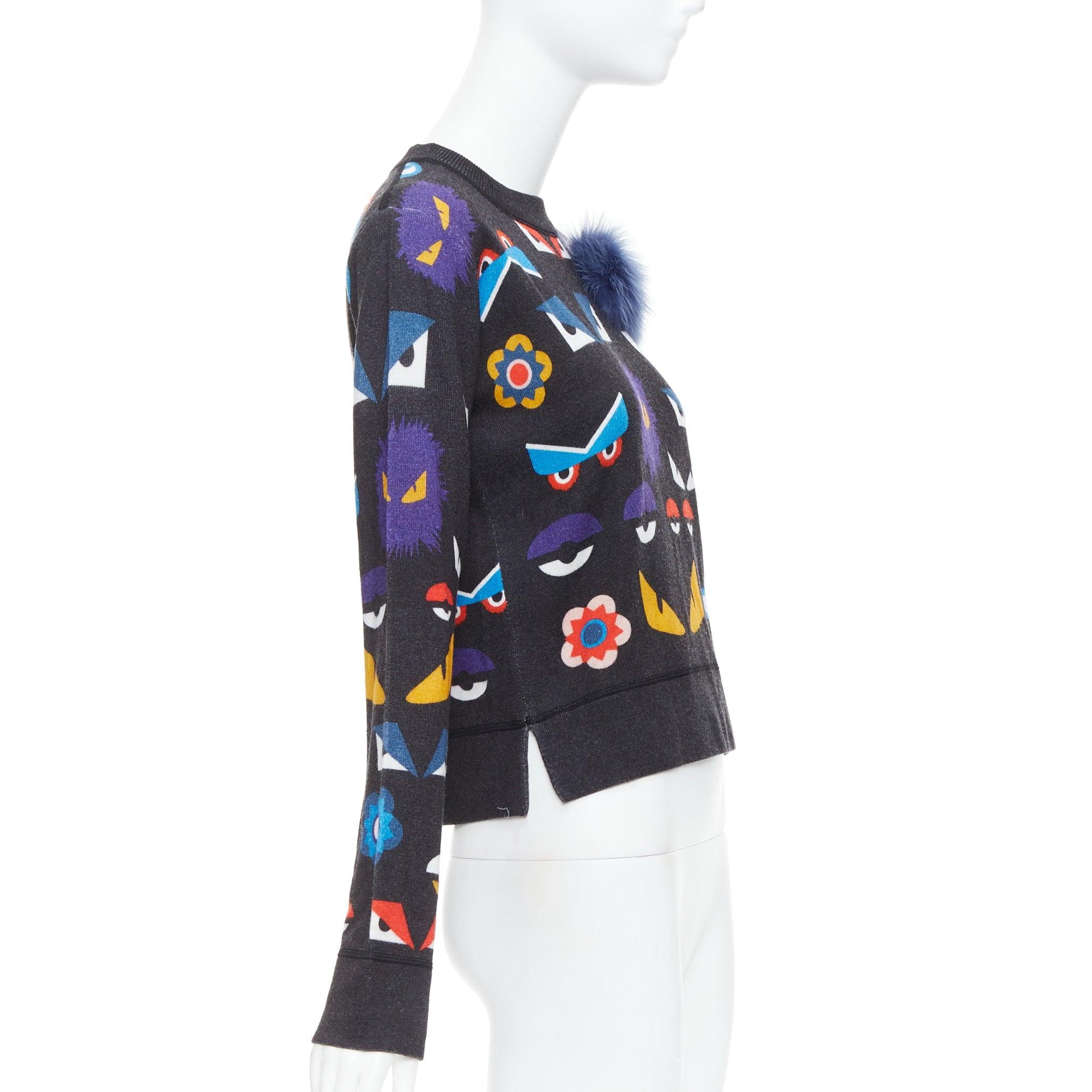Pull FENDI Monster Bug Eye imprimé en laine vierge noire avec garniture en fourrure IT40 S Excellent état - En vente à Hong Kong, NT
