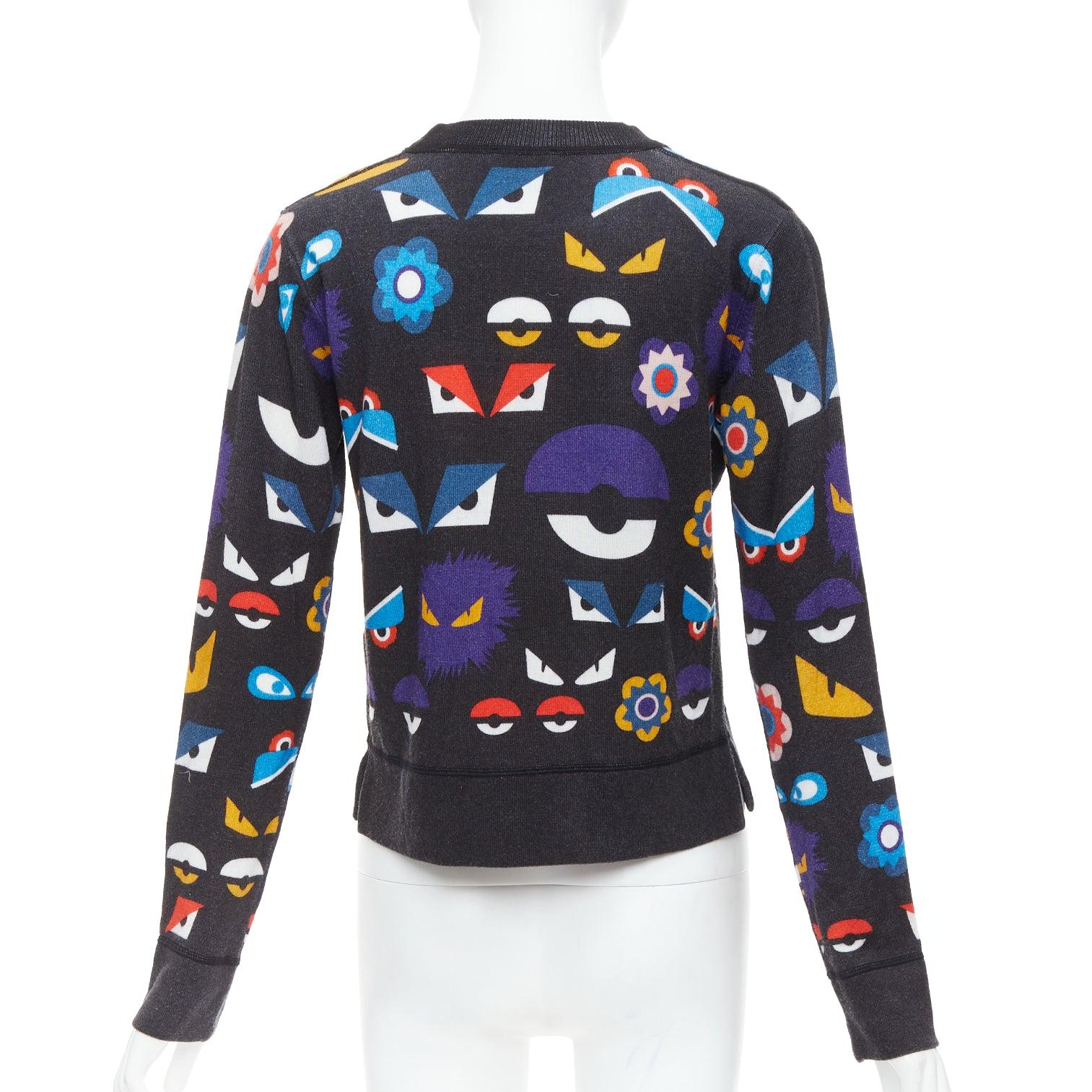 Pull FENDI Monster Bug Eye imprimé en laine vierge noire avec garniture en fourrure IT40 S Pour femmes en vente