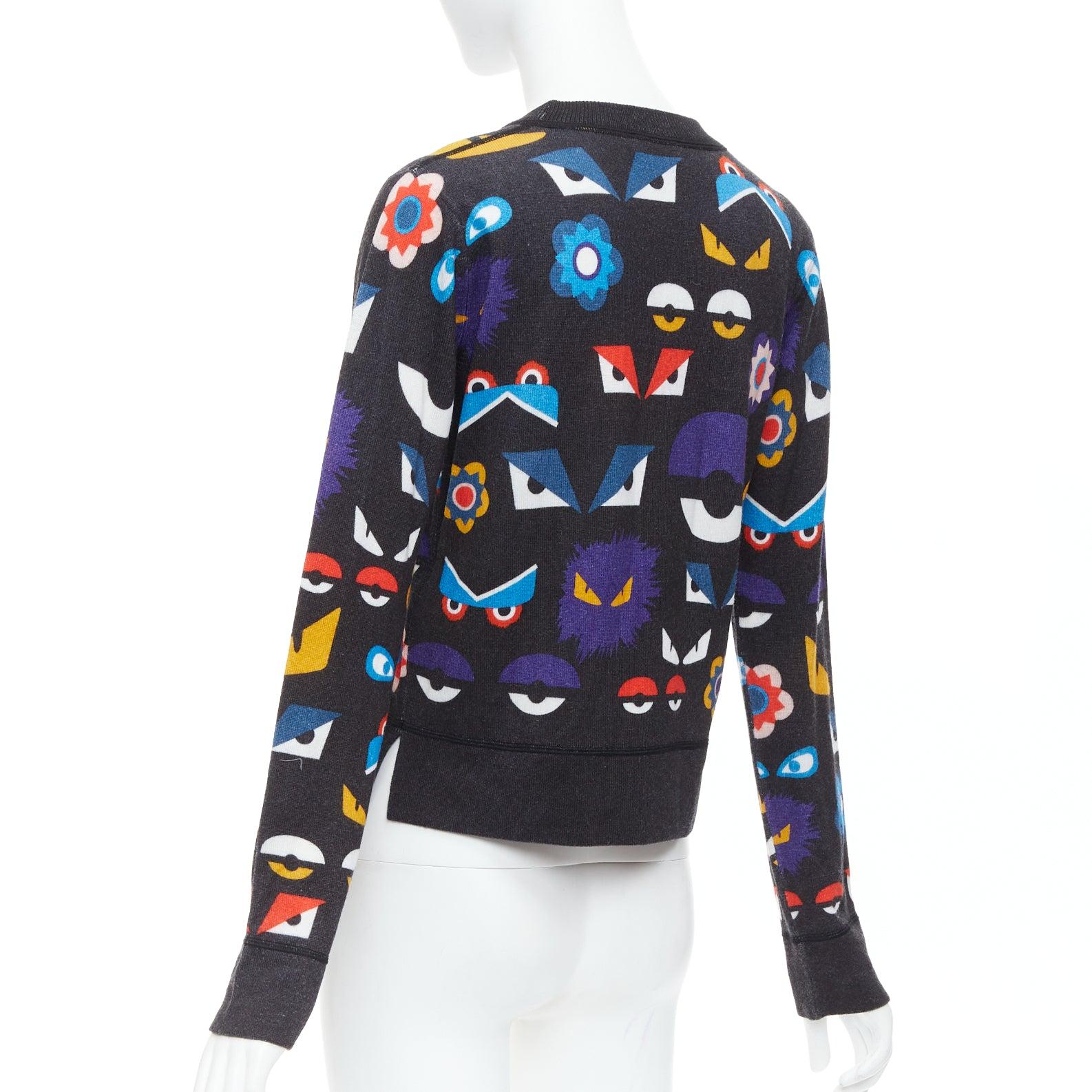 Pull FENDI Monster Bug Eye imprimé en laine vierge noire avec garniture en fourrure IT40 S en vente 1
