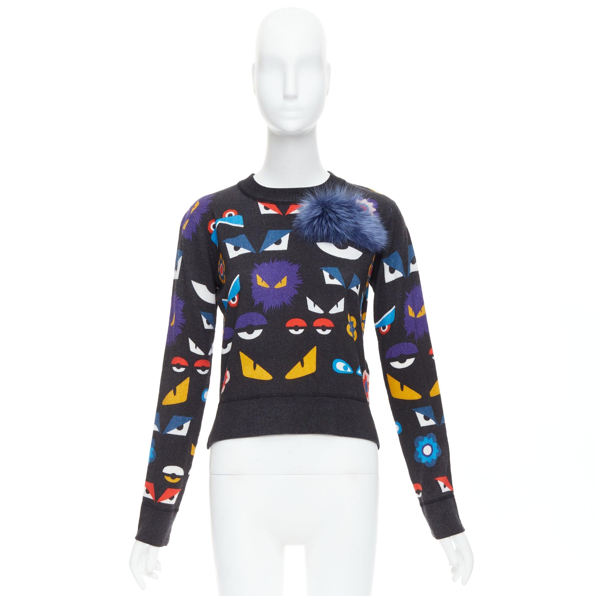 Pull FENDI Monster Bug Eye imprimé en laine vierge noire avec garniture en fourrure IT40 S en vente 4