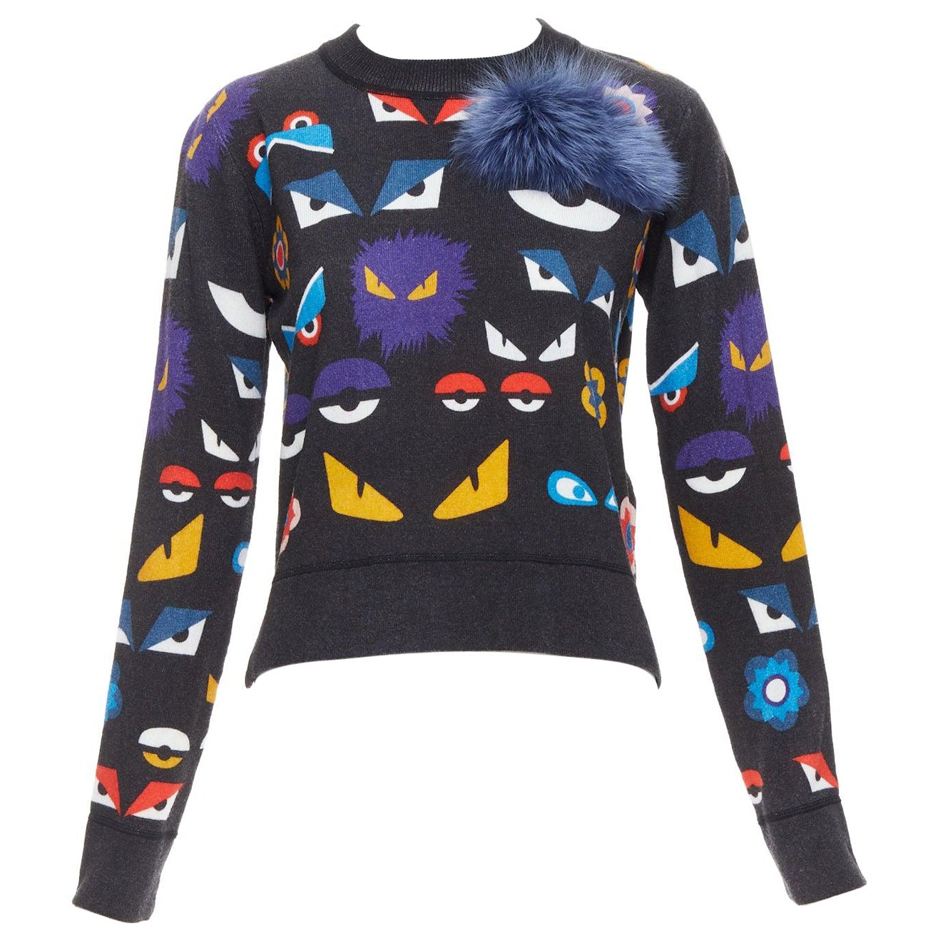 FENDI Monster Bug Eye print black virgin wool fur trim sweater IT40 S For Sale