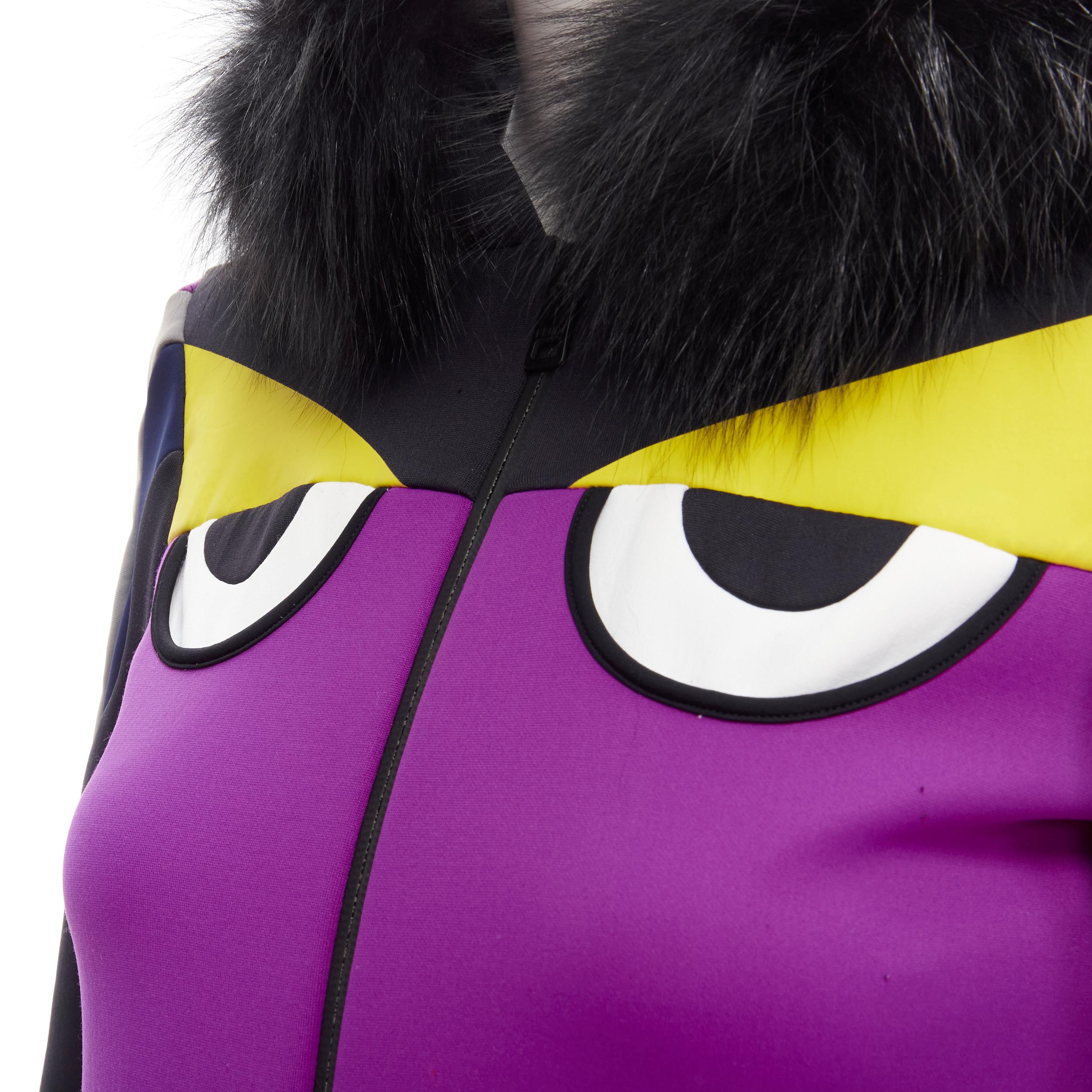 FENDI Monster Bug Eye purple technical scuba fur trim hood zip up jacket XS 
Reference: ANWU/A00413 
Brand: Fendi 
Collection: Monster Bug 
Material: Feels like polyester
Color: Purple 
Closure: Zip 
Extra Detail: Black genuine fur trim at hood is