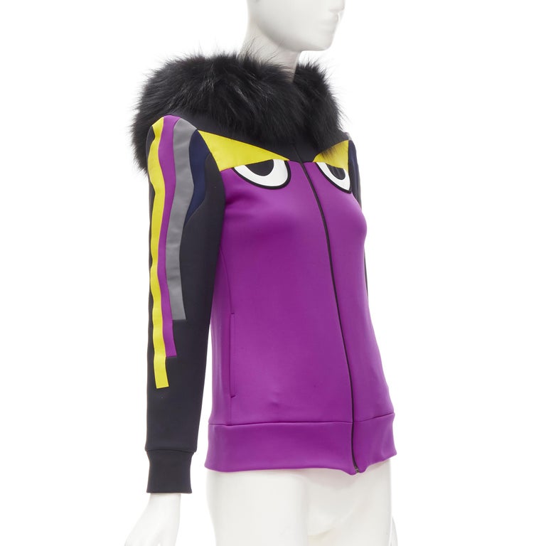 FENDI Monster Bug Eye - Veste à capuche zippée en fourrure scuba technique  violette XS En vente sur 1stDibs