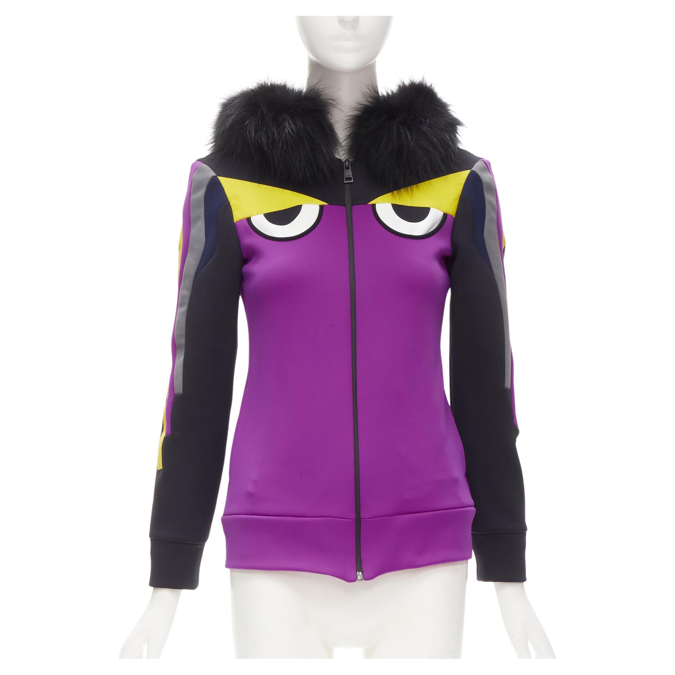 FENDI Monster Bug Eye violet veste zippée à capuche en scuba technique  garnie de fourrure XS En vente sur 1stDibs