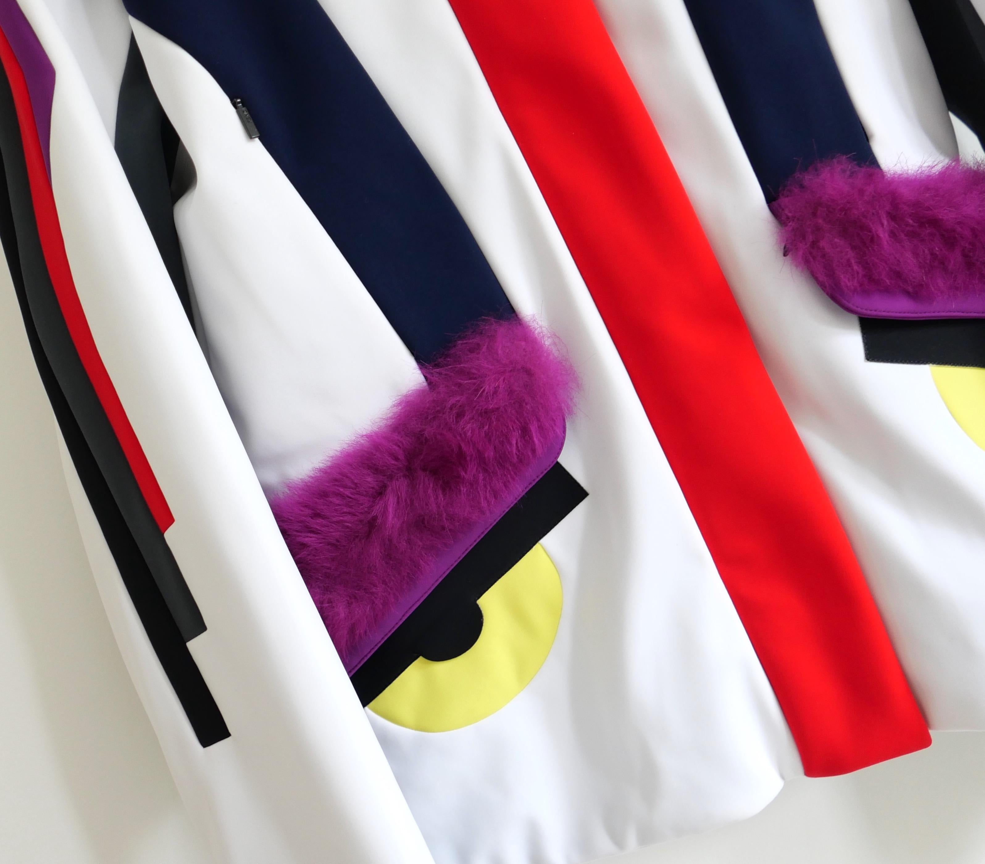 Super fun, super rare colourway Fendi Monster ski jacket. Made from white, blue, grey and red technical polyamide mix with iconic Monster Eye detailing to hips featuring removable lamb fur ‘eyebrow’ trims and concealed chunky zip pockets. Has a