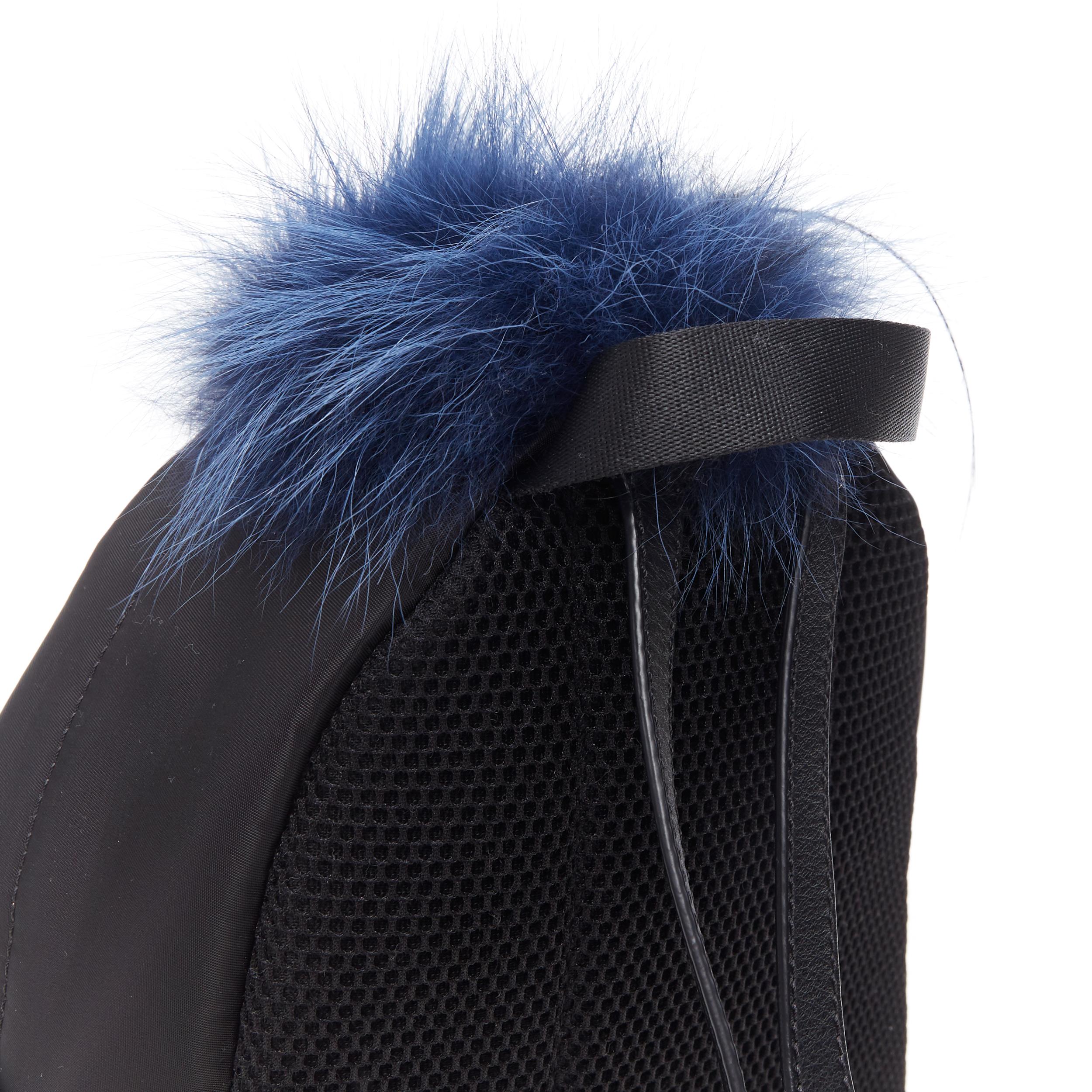 Women's FENDI Monster Eyes Zaino fox fur trimmed chain linked black nylon small backpack